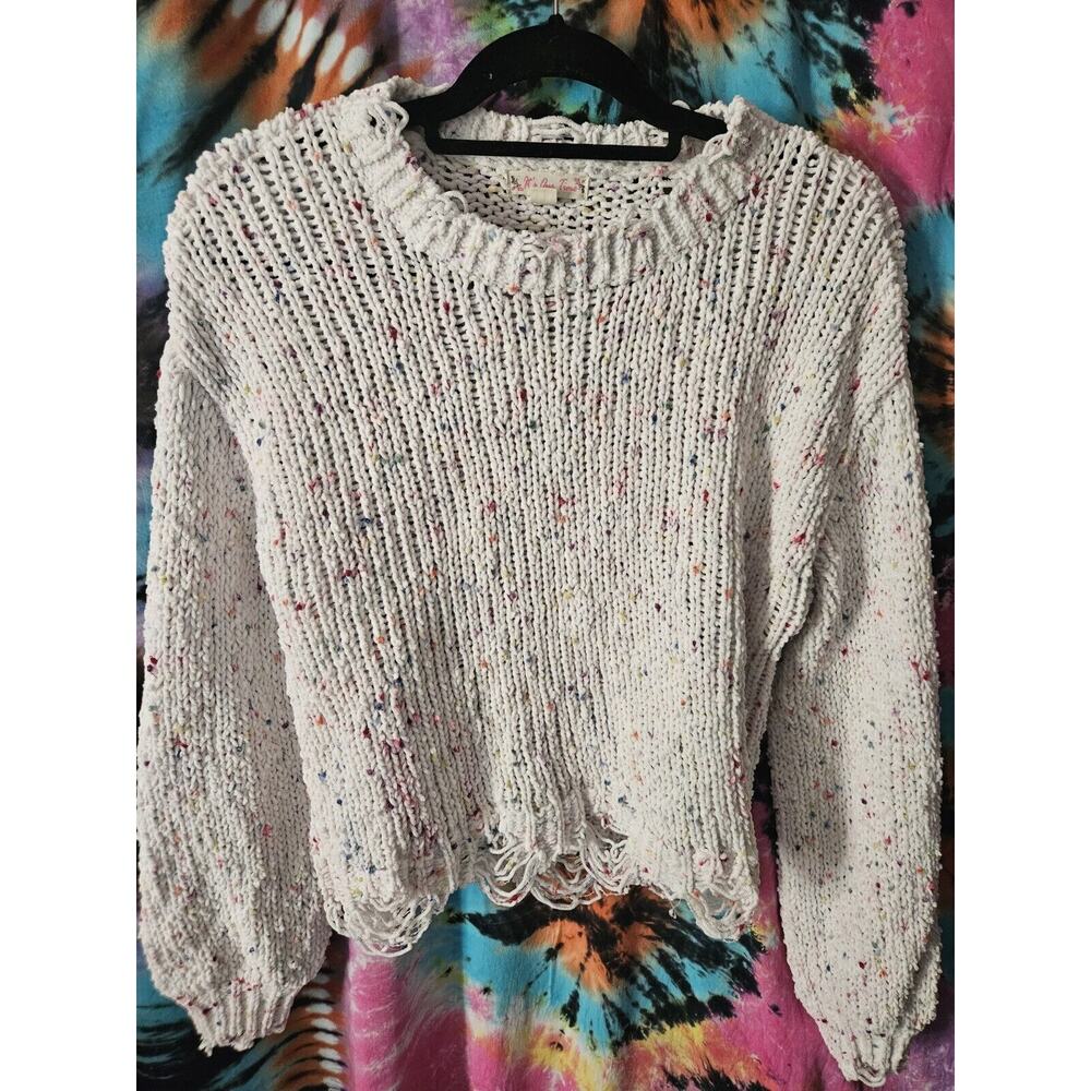 It's Our Time White Confetti Distressed Crop Sweater Medium Soft Chunky Knit
